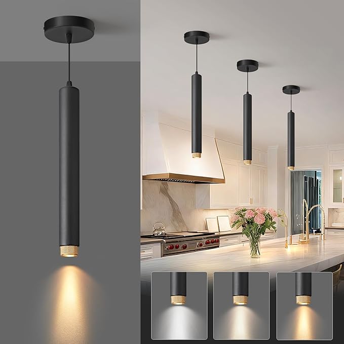 OKELI Modern Black LED Pendant Light for Kitchen Island, 1 Pack – Dimmable Zoomable Pendant, Adjustable Beam Angle, 3 Color Temps 2700K/4000K/6000K, Mini Hanging Light for Bar or Bedroom, 7W 15"