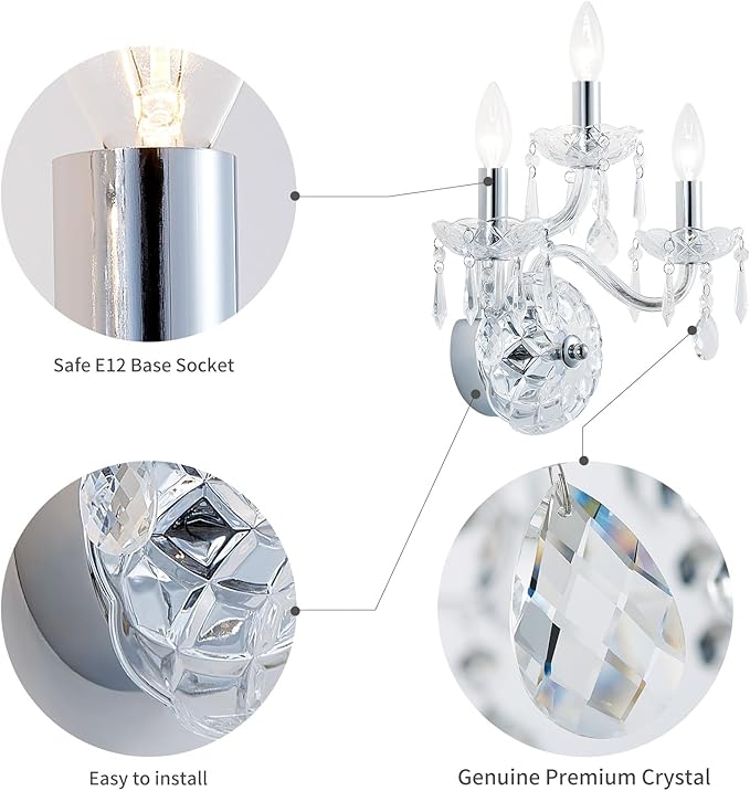 WUZUPS 3-Light Candle Vanity Wall Sconces Light Fixture for Bedroom Living Room Bathroom, E12 Base, Chrome