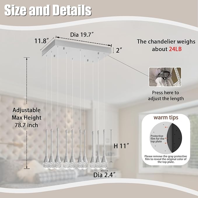 ykolupty Rectangular Chandeliers for Living Room Silver Dining Room Lights Fixture Raindrop Pendant Lights Kitchen Island Crystal Chandelier for Staircase Hallway Foyer Entryway