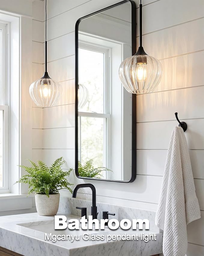 2-Pack Glass Pendant Lights Kitchen Island, 7" Modern Black Glass Pendant Lighting Farmhouse Hanging Light Fixtures for Kitchen, Dining Room, Bathroom, Bedroom
