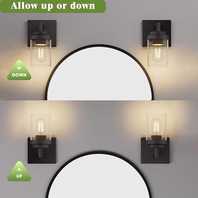 Espird Matte Black Wall Lights, Set of 2 Wall Sconce with Clear Glass Shade, Farmhouse Sconce Lights, Wall Mount Lamp for Bedroom Mirror Living Room