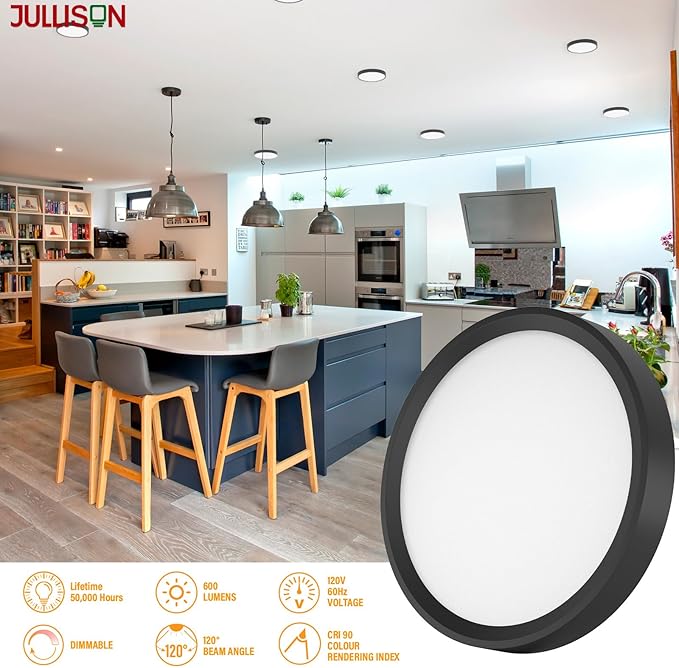 5 Inch Black Flush Mount Ceiling Light 5CCT Selectable LED Edgelit Slim Surface Mount Downlight for J-Box, Mini Flat Panel Light, Dimmable, 120VAC, 10W, 620LM, CRI90, ETL, Wet Rated, 4 Packs