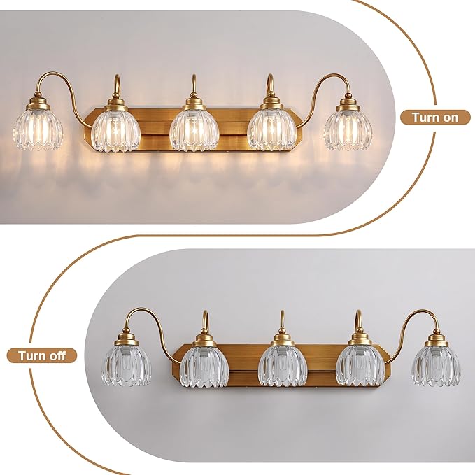 Gold Vanity Light, Vintage Bathroom Light Fixtures, 5-Light Matte Antique Brass Finish with Crystal Glass Shade, Mid Century Style Wall Sconces for Bedroom, Living Room