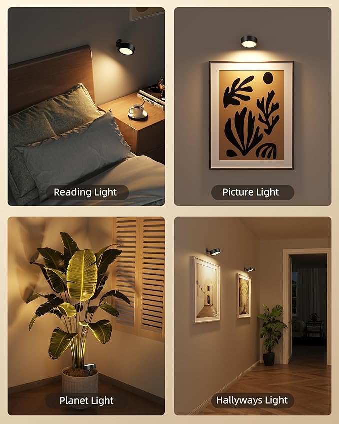 EZVALO LED Wall Mounted Lights, 3000mAh Rechargeable Wall Light Wall Sconces Lamp, 3 Color Temps & Remote and Touch Control, 360°Rotation Dimmable Cordless for Bedroom Reading Study Bedside (Black)