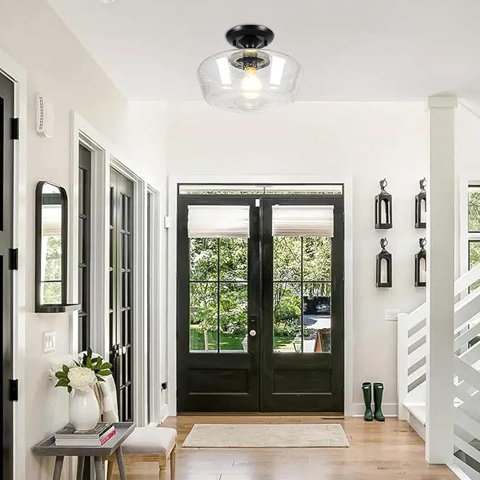 Schoolhouse Style Light Fixture, 12" Black Semi Flush Mount Ceiling Light with Seeded Glass Globe, Close to Ceiling Lights for Kitchen, Hallway, Entryway