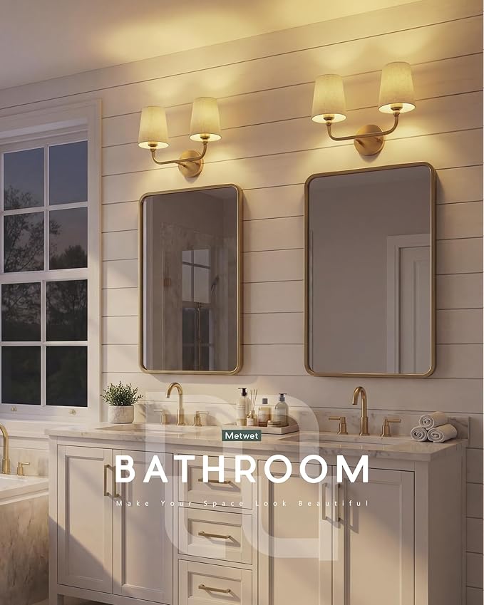 2-Light Bathroom Light Fixtures, Brushed Gold Vanity Lights, Double Wall Sconce with Brown Fabric Shade, Modern Sconces Wall Lighting for Hallway Bedroom Stairway, VL837-BG-L-2