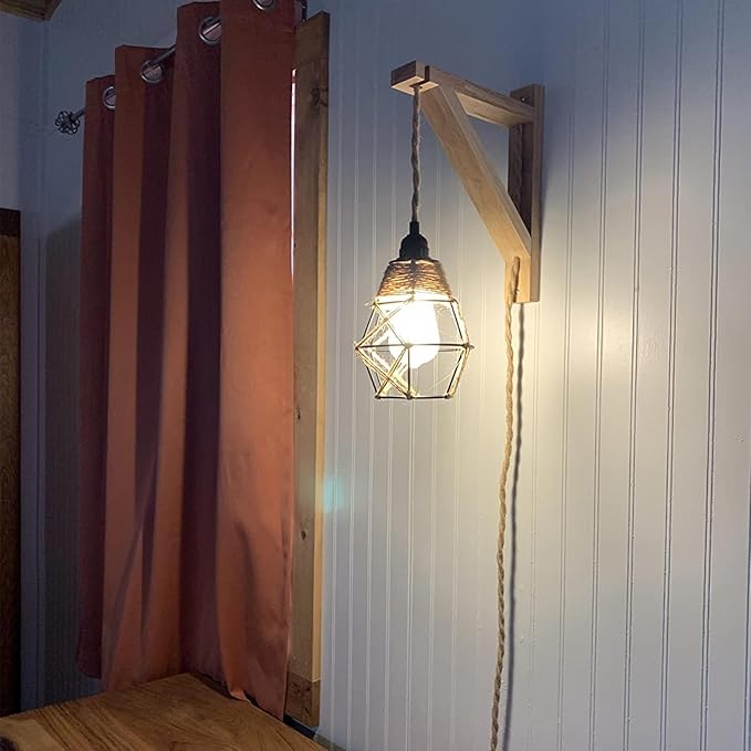 Frideko Wall Lamp with Plug in Cord - Plug in Wall Sconces, Farmhouse Hanging Lamps that Plug into Wall Outlet, Rustic Wall Mount Lamp with Wood Shelf Bracket & Switch Cord for Living Room, Bedroom