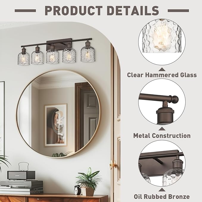 zeyu 35 Inch Farmhouse Bathroom Lighting Fixture, 5-Light Bathroom Vanity Light, Oil Rubbed Bronze Finish with Clear Hammered Glass, ZJF63B-5W ORB