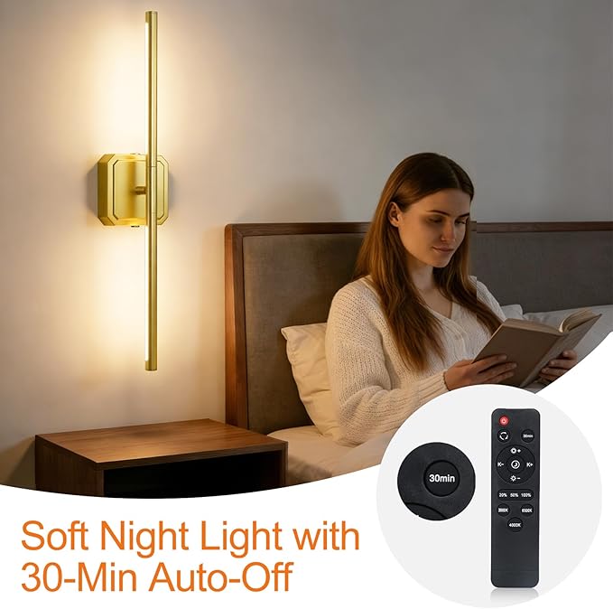 Battery Operated Wall Sconces Set of 2, Rechargeable Wall Sconces with Remote Control, LED Gold Wall Lights, 3000K-6000K Dimmable 360° Rotatable for Living Room, Bedroom, Hallway, 28''