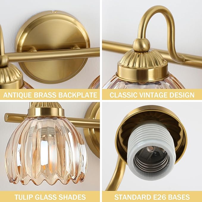 Vintage Bathroom Light Fixtures, Brass Vanity Lights with Amber Tulip Glass Shade, Vanity Sconces for Bathroom Bedroom Living Room Hallway, 4-Light