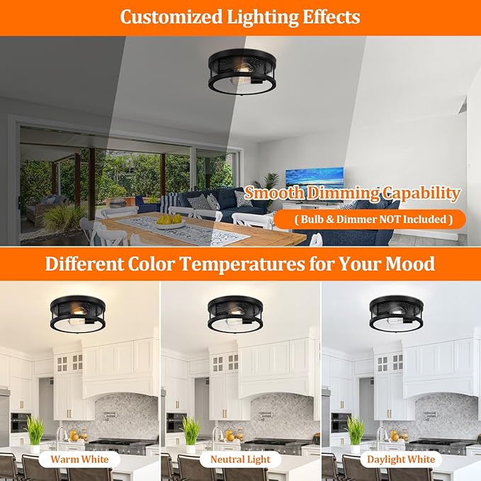 Black Flush Mount Ceiling Light Fixture, Farmhouse Light Fixture with Seeded Glass Lampshade, 2-Light Industrial Close to Ceiling Lighting for Hallway, Kitchen, Entryway, Foyer(Bulb Not Included)
