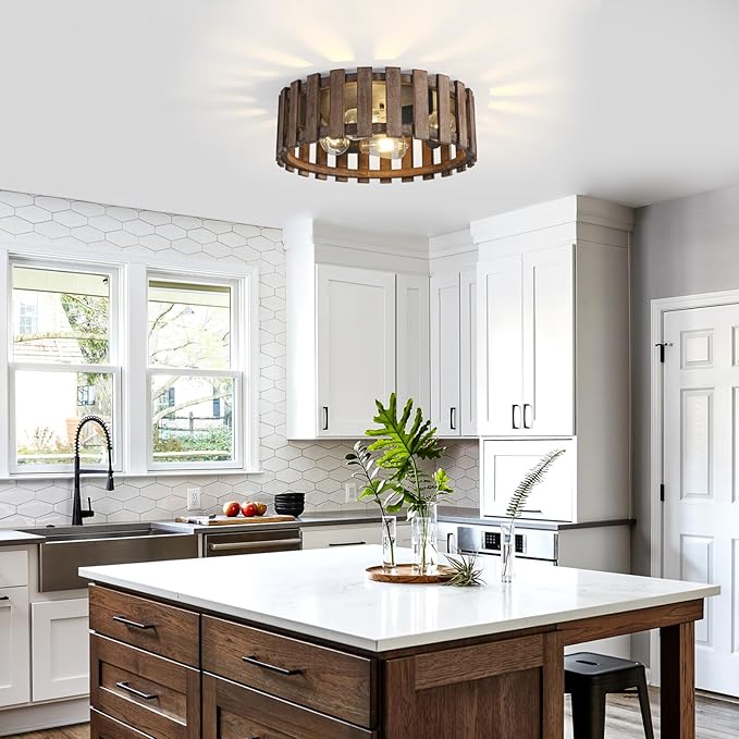 Farmhouse Flush Mount Ceiling Light, 17 Inch 4-Light Metal and Wood Close to Ceiling Light Fixture, Rustic Ceiling Light for Kitchen, Dining Room, Living Room, Hallway, Entryway