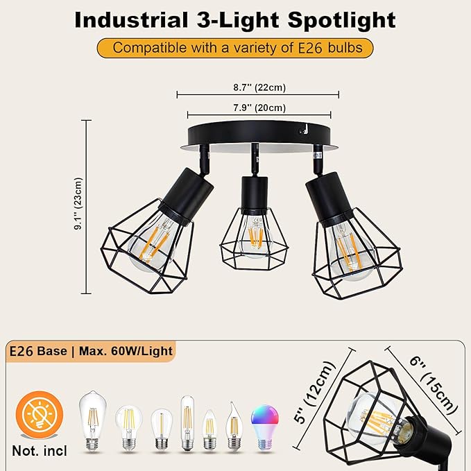 HiBay LED Track Lighting Fixtures, 3-Light Adjustable Directional Ceiling Light, Black Geometric Metal Cage Industrial Spotlight Indoor for Kitchen, Dining, Bedroom, E26 Base (Bulbs Not Included)