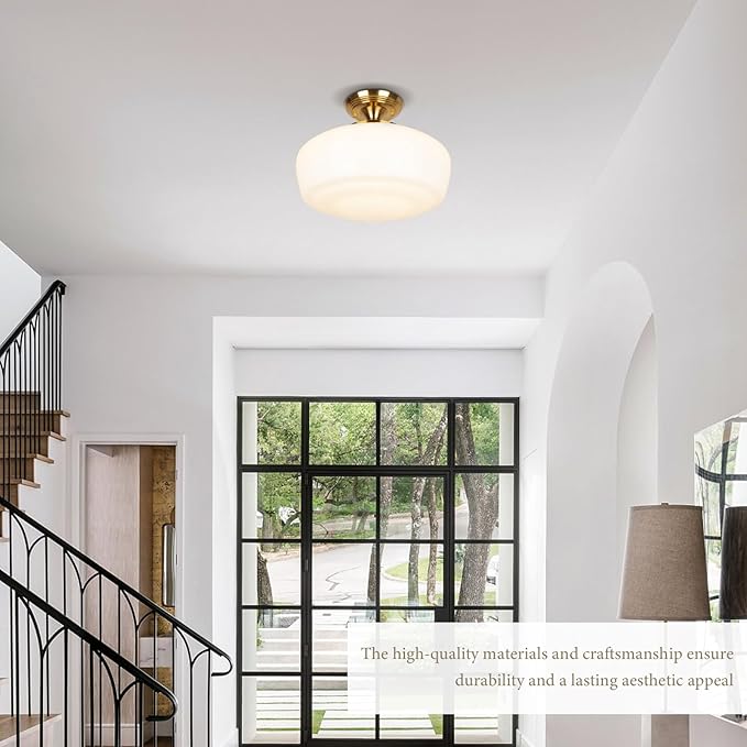 Large Schoolhouse Style Semi Flush Mount Ceiling Light Fixture, 14" Modern Gold Hallway Ceiling Lamp with Opal Milk Glass Shade Brass, Farmhouse Globe Light for Bedroom Kitchen Hallway Entryway