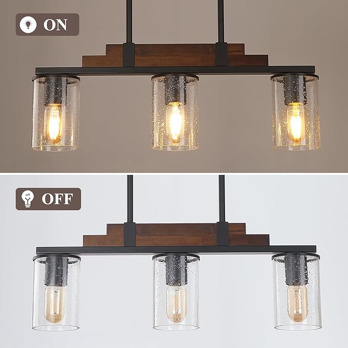Farmhouse Wood Kitchen Island Lighting, 3-Light Adjustable Chandelier for Dining Room, Seeded Glass Shade Dining Room Light Fixture Over Table, Black Hanging Pendant Lights for Kitchen, Pool Table
