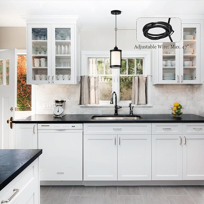 Black Pendant Lights Kitchen Island, 1-Light Modern Mini Hanging Light Fixtures with Milk Glass, Farmhouse Kitchen Pendant Lighting Over Island for Sink Dining Room, OS-3014-1PBKW