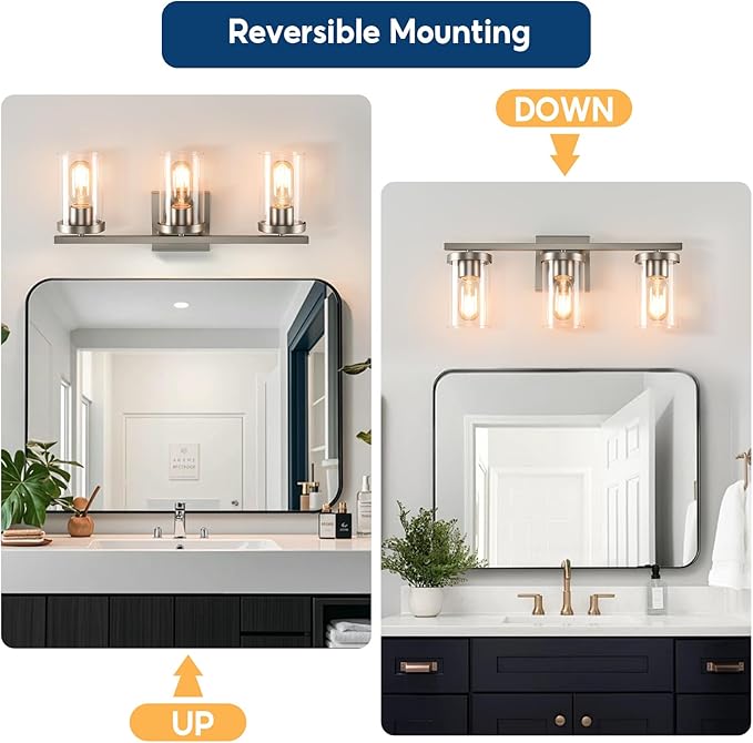 20in Bathroom Light Fixture Over Mirror, 3-Light Nickel Vanity Lights with Clear Glass Shades, Modern Wall Sconces for Living Room, Bedroom, Hallway, E26 Base