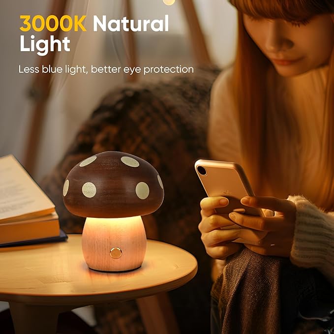 LONRISWAY 2Pack Wood Small Mushroom Table Lamp, LED Rechargeable Cordless Touch Bedside Lamps, Wireless Stepless Dimming Night Light, Portable Battery Lamp for Bedroom Nightstand for Birthday Gifts