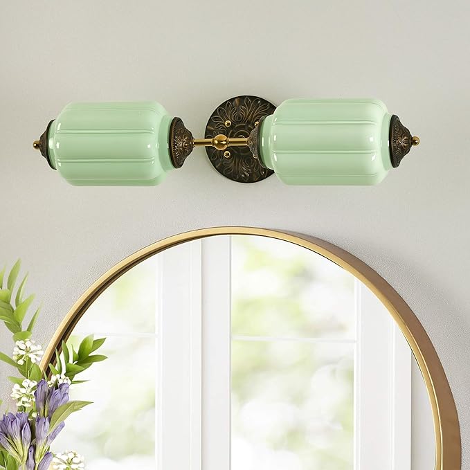 Vintage Milk Glass Bathroom Vanity Light - 25" Green Dimmable Wall Sconce with Bulb - Mid Century Vertical or Horizontal Mounted Sconces - Modern Brass Gold Lighting Fixture for Indoor Bedroom Hallway