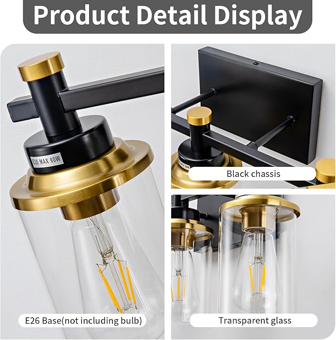 3 Light Bathroom Light Fixtures, Black and Brushed Gold Vanity Light Fixture Over Mirror, Modern Wall Sconces Lighting Wall Lamp for Bathroom, Bedroom, Hallway with Clear Glass Shade