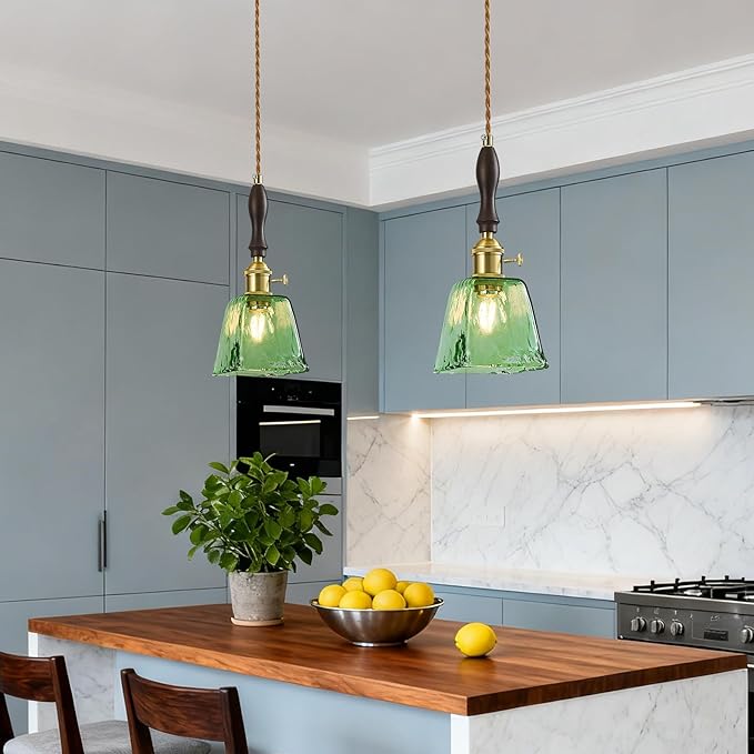 Green Glass Vintage Pendant Light Height Adjustable Handmade Glass Pendant Lights Kitchen Island Gold Hanging Light Fixture with Wood Handle for Bedroom Dining Room Hotel (3 Pack)