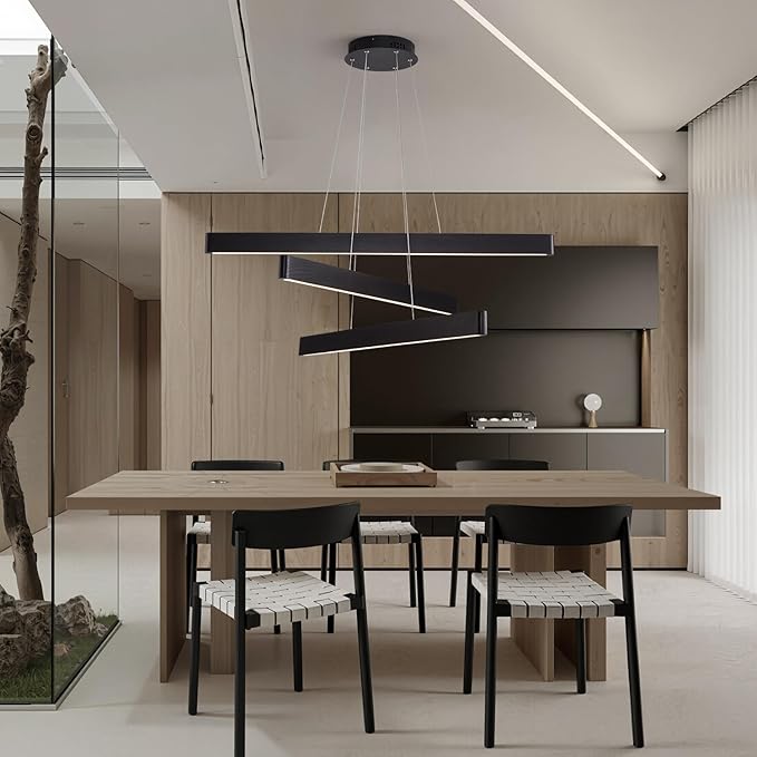 YISDESIGN 3-Light Solid Wood Black Linear Pendant Light - Dimmable Modern LED Chandelier for Dining Room Table Kitchen Island Living Room Ceiling - 45W Warm Light Adjustable Hanging Fixture Black