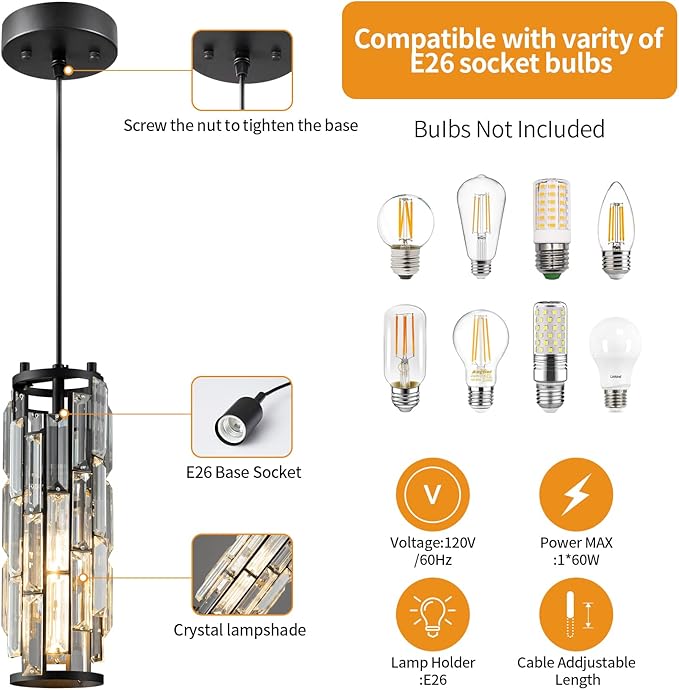 LMQNINE Pendant Lights Modern Black Pendant Light Mini Crystal Chandelier Pendant Lighting for Kitchen Island Dinning Room Bedroom Kitchen Sink Lighting (Black 3-Pack)