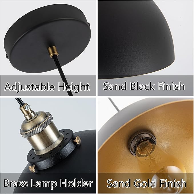 9.84" Modern Industrial Black Pendant Lights Farmhouse Dome Black Gold Pendant Lighting Fixture Vintage Golden Pendant Light for Kitchen, Dining Room, Bedroom, Hallway, Living Room, Set of 3