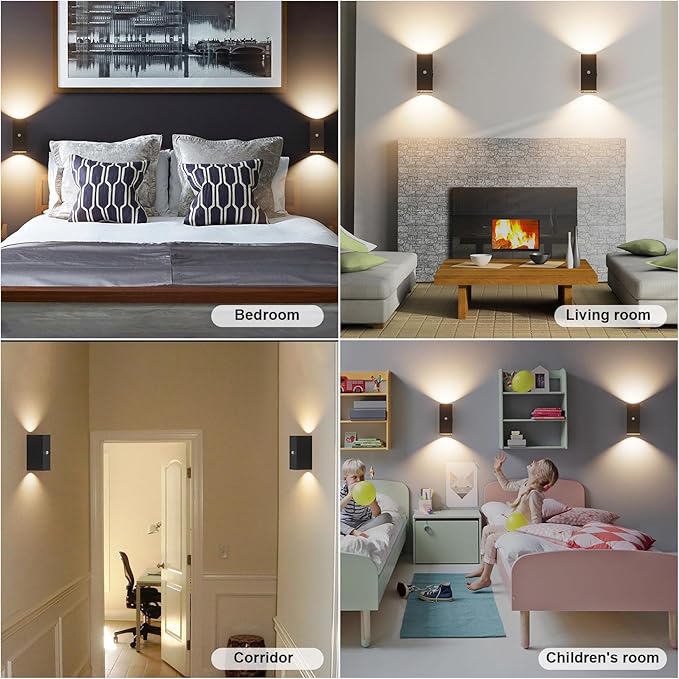 Aipsun Black Battery Operated Wall Sconces 2 Packs with Motion Sensor, Rechargeable Black LED Wall Lighting, Wireless Indoor Aluminum Wall Lights for Living Room, Hallway, Bedroom