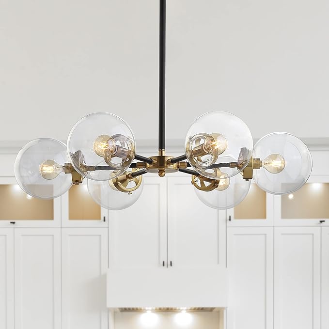 JONATHAN Y 28" Black/Brass Gold Modern 6-Light Cluster Pendant Chandelier, Clear Glass Shade Hanging Fixture for Kitchen Island Dining Room, LED Bulbs Included, Dimmable JYL9015A