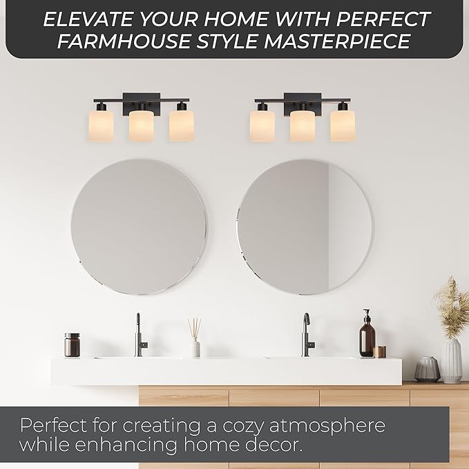 The Door Bull Modern Bathroom Vanity Light, Milky White Glass Shades, Wall Sconce for Bedroom & Living Room, E26 Socket, Over Mirror Lighting Fixture (Oil Rubbed Bronze, 3 Lights)