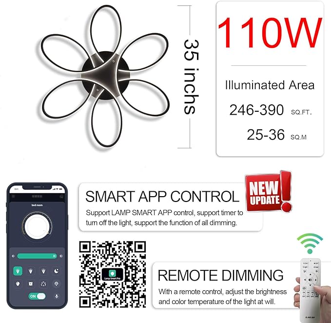 Modern LED Ceiling Light, 35 inch 110W, Dimmable Chandelier with Remote/APP Control for Living Room, Dining Room, Bedroom, Kitchen & Home Lighting