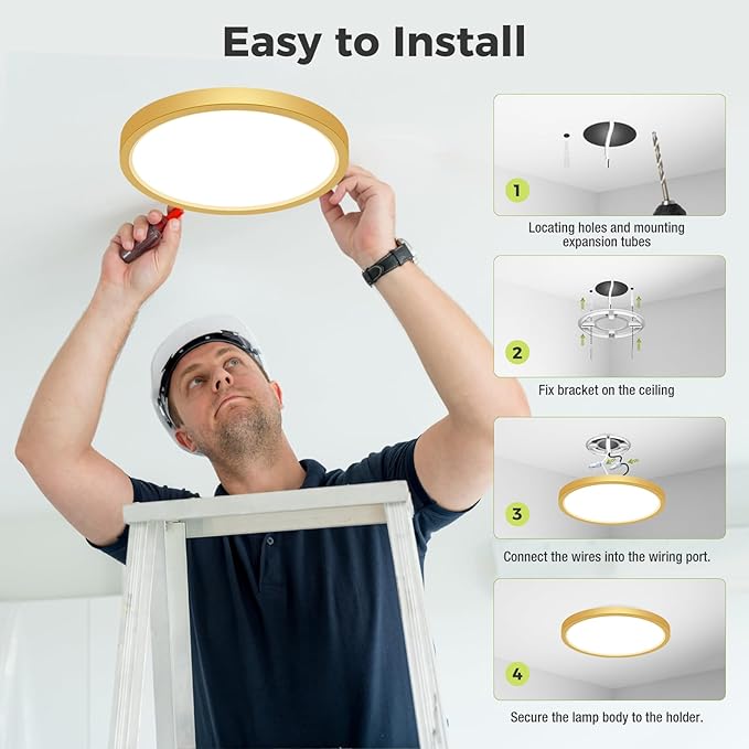 2Pack LED Flush Mount Ceiling Light Fixture Golden, 12Inch 24W, Dimmable&3000K-6500K Adjustable Low Profile Ceiling Lights, 3200LM Modern Lamp for Kitchen, Bedroom, Porch, Hallway