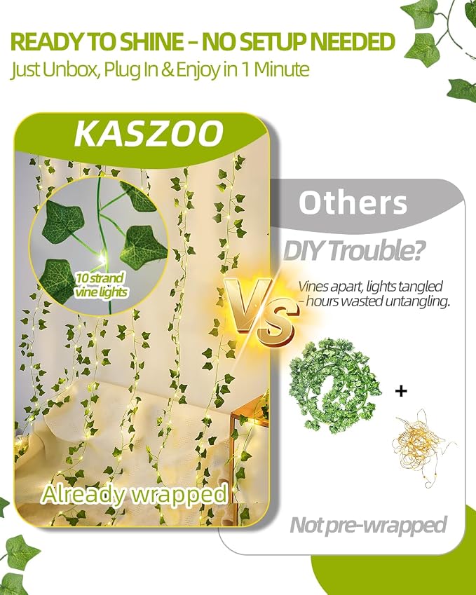 KASZOO Vines with Fairy Lights for Bedroom - 200 LED Ivy Curtain Wall Vines for Wedding, Party, Dorm, Indoor & Outdoor Use, 6.5ft x 6.5ft