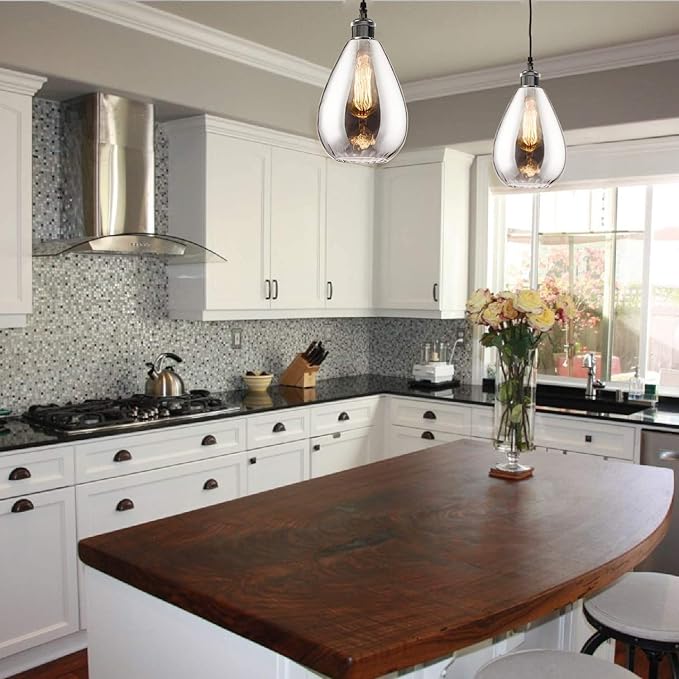 Industrial Glass Pendant Lights for Kitchen Island, Modern Teardrop Chrome Mirror Effect Lighting Fixture Edison Hanging Light for Farmhouse Bar Area Over Sink Dining Room (Bulb Not Included)