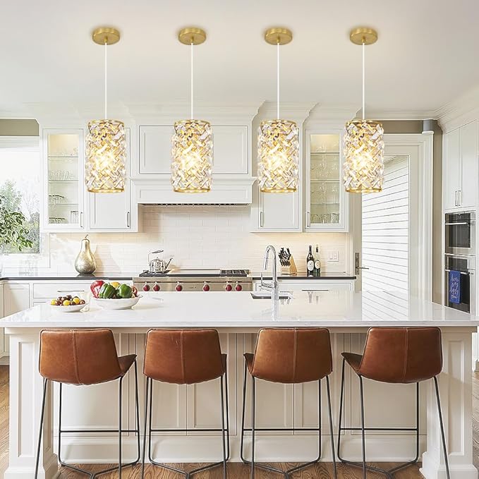 Gold Pendant Lights Kitchen Island, Mini Crystal Modern Kitchen Pendant Lighting Over Sink with 10.2" Clear Glass Shade Chandeliers, Adjustable Pendant Light Fixture for Dinning Room Bedroom Entryway