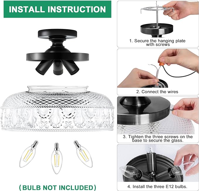 Lamomo Semi Flush Mount Ceiling Light, Upgraded Larger 12 Inch Black Hallway Light Fixture, 3 Light Globe Glass Close to Ceiling Light, Indoor Hanging Light for Bedroom Kitchen Porch Hallway
