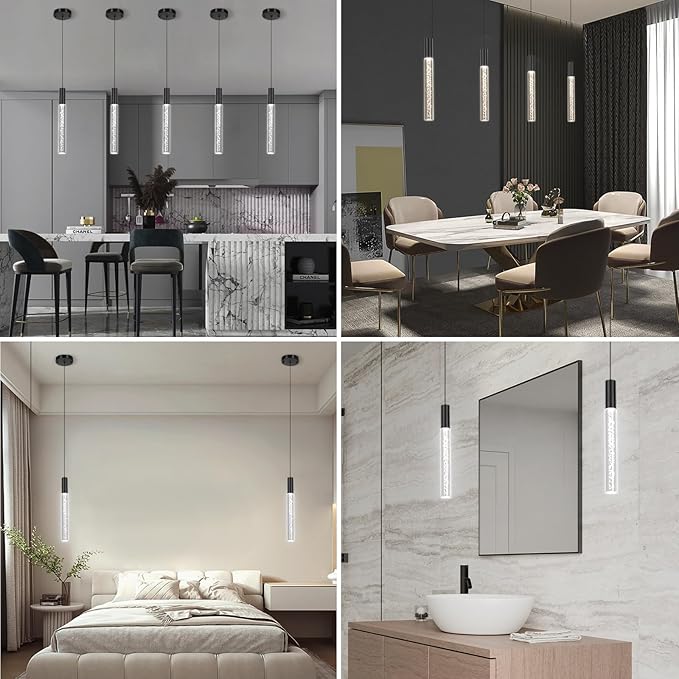 Modern Black Pendant Light Fixture 3-Color for Kitchen Island, 1-Light LED Acrylic Pendant Lighting Cord Adjustable Ceiling Hanging Lights for Living Room Bedroom Dining Room