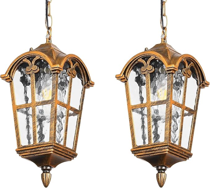 Gold Outdoor Pendant Light for Porch Patio Garden Yard, Anti-Rust Aluminium Exterior Hanging Light Fixtures, Outside Vintage Hanging Ceiling Outdoor Pendant Lamp Height Adjustable, 2pack