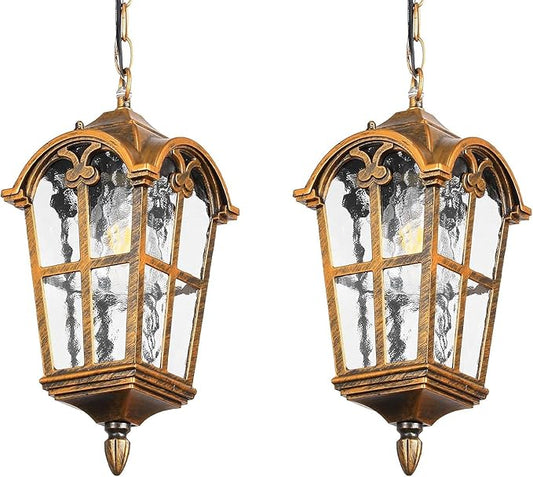 Gold Outdoor Pendant Light for Porch Patio Garden Yard, Anti-Rust Aluminium Exterior Hanging Light Fixtures, Outside Vintage Hanging Ceiling Outdoor Pendant Lamp Height Adjustable, 2pack