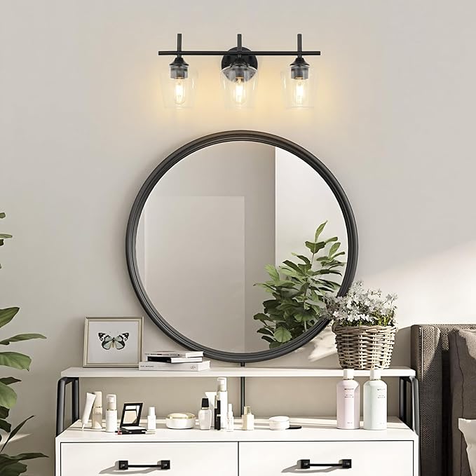Bathroom Vanity Light Fixtures, 3-Lights Over Mirror Modern Vanity Lighting with Clear Wine Glass Shade Wall Lamp for Bedroom Hallway Living Room(Black, 3-Light)