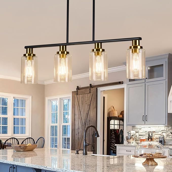 Island Lights for Kitchen, 4-Light Farmhouse Dining Room Light Fixtures Over Table, Matte Black and Gold Linear Chandeliers for Dining Room，Industrial Pendant Lighting with Clear Glass Shade