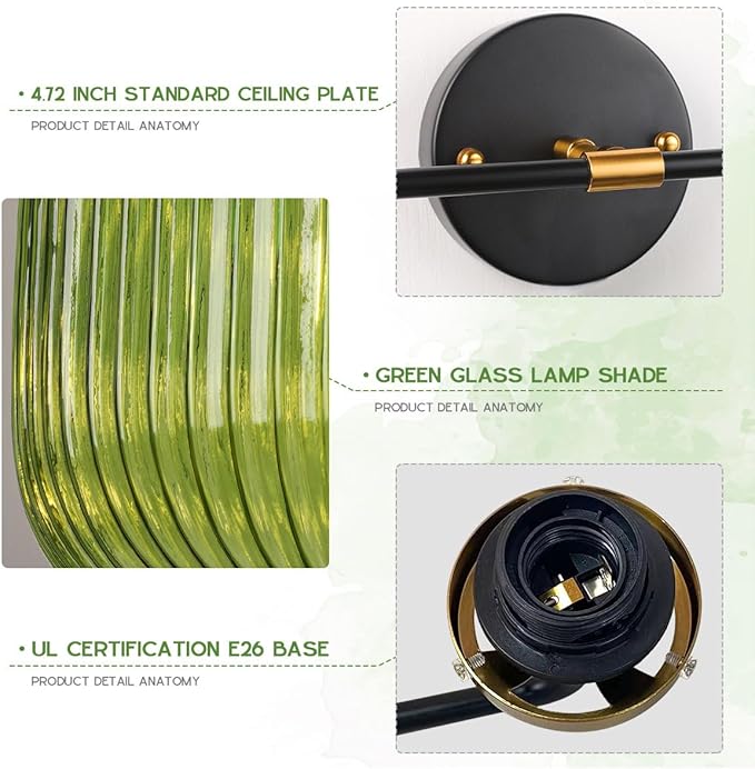 2-Lights Globe Wall Sconce Bathroom Light fixtures Vanity Lamp Mid Century Modern Wall Lights with Green Striped Glass Shade Vintage Vanity Lights for Over Mirror Hallway Overhead