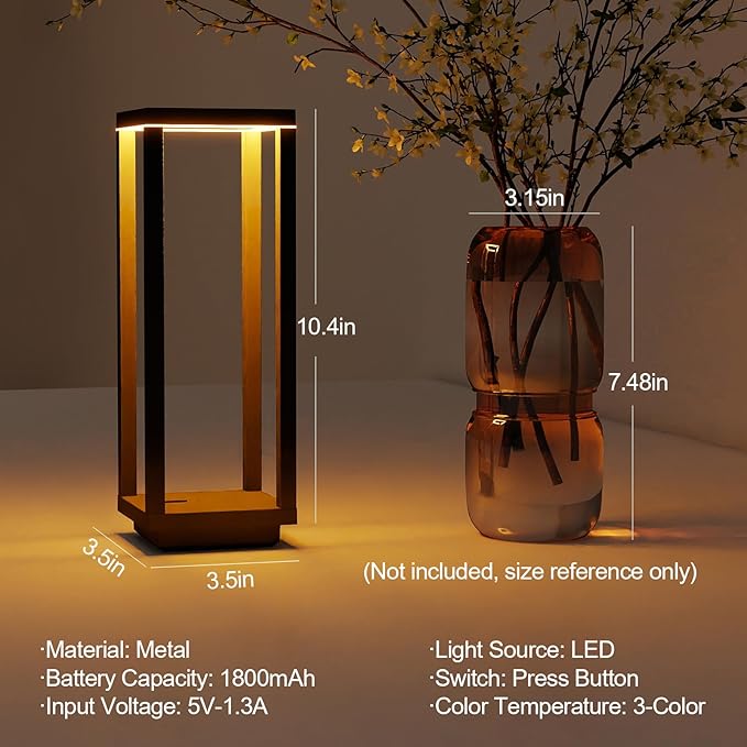 Cordless Table Lamp Rechargeable, IP55 Waterproof, 60h Runtime Protable Outdoor Table Lamps, 3 Color Stepless Dimming Battery Powered Table Lamp for Dinner/Restaurant/Bedroom/Cafe