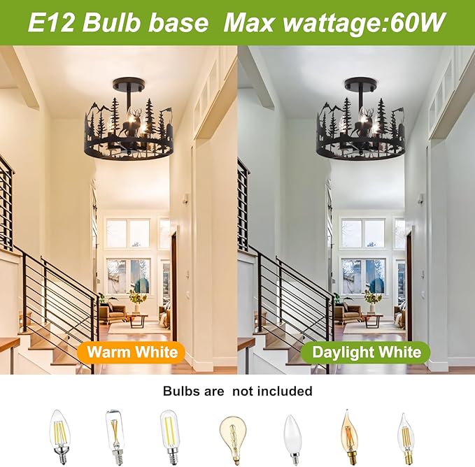 Rustic Farmhouse Semi-Flush Mount Ceiling Light Fixture,3-Light E12 Base Black Round Metal Light Fixtures for Kitchen, Foyer, Living Room, Industrial Style with Deer, Bear, and Tree Design-Rimless