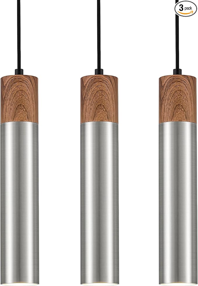 ELYONA 3 Pack Modern LED Pendant Light Fixtures, Brushed Nickel Metal with Wood Grain, 13.8" Mid Century Hanging Pendant Lights with GU10 Bulbs for Kitchen Island Dining Room Bedroom Adjustable Height