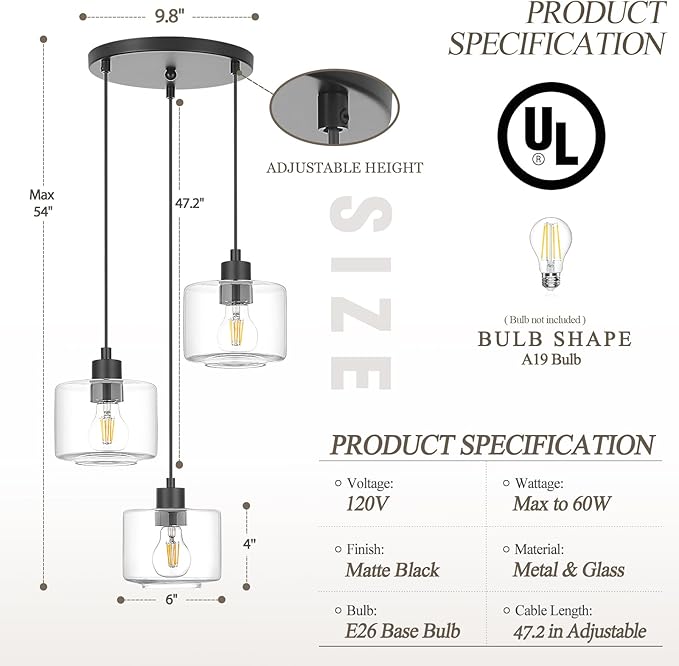 3-Light Pendant Lighting, Black Dining Room Chandelier Light Fixture Over Table with Clear Glass, Modern Cluster Hanging Lights for Kitchen Island Dining Room Sink, OS-YQ8153-3BKC