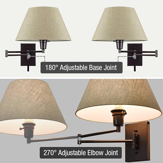 Kira Home Cambridge 15" Set of 2 Modern Swing Arm Wall Sconce with Latte Mocha Empire Fabric Shade, 2-in-1 Plug in or Hardwired Wall Lamp with 3-Way Switch, Black Finish