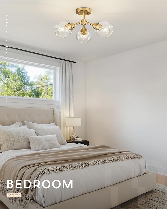 3-Light Semi Flush Mount Ceiling Light, Modern Light Fixtures Ceiling Mount with Globe Clear Glass Shade, Brushed Gold Light Fixtures for Kitchen Entryway Hallway Bedroom, SM195-BG-3