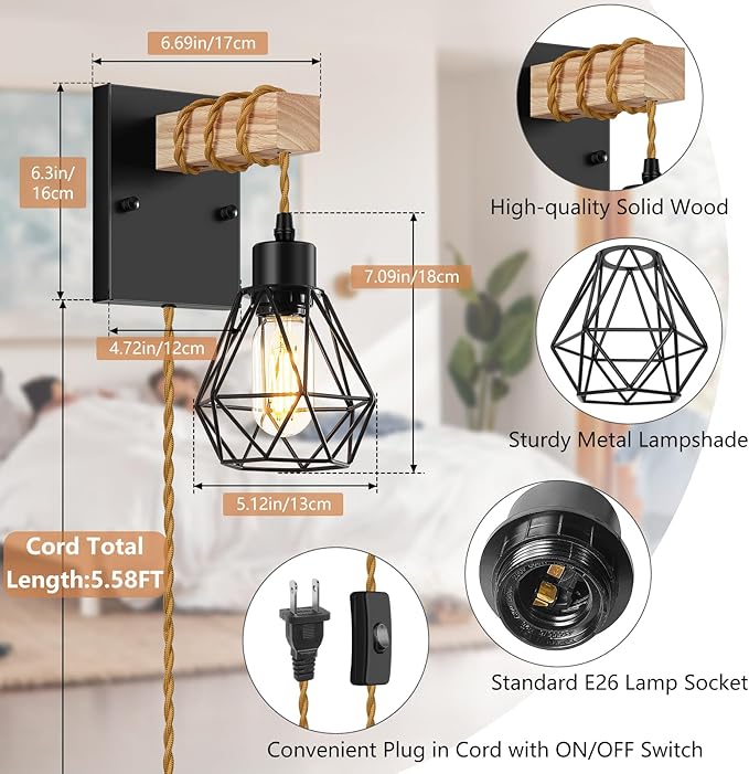 Lomoky Farmhouse Wood Wall Sconces with Plug in Cord, Black Wall Sconces Set of Two, Wall Lamps that Plug into Wall Outlet, Vintage Sconce Lighting Wall Decor for Bedroom Living Room, with 5.58FT Cord